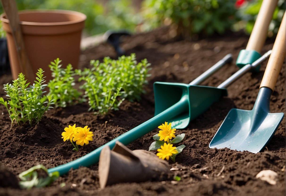 Des outils de jardinage posés sur de la terre 